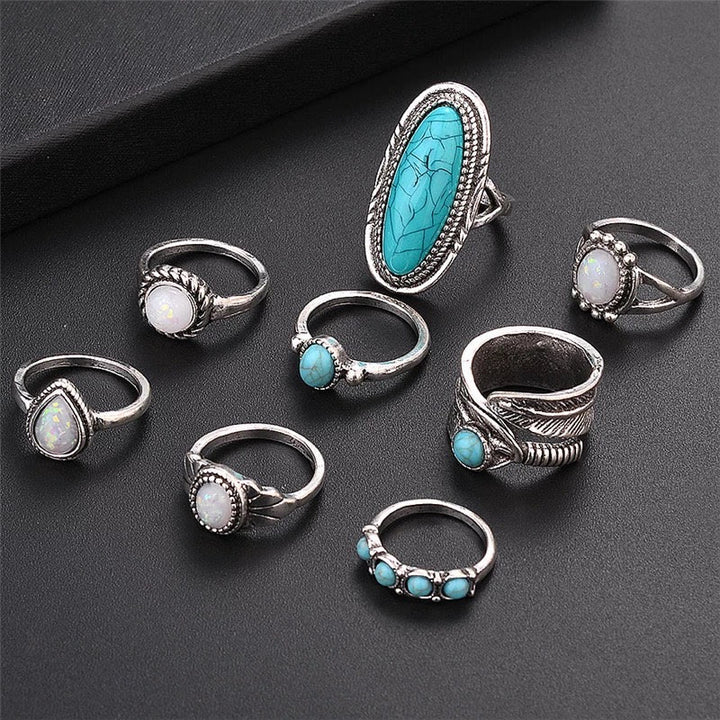 Ensemble de 8 bagues en feuille d'éléphant turquoise et opale Olivenorma 
