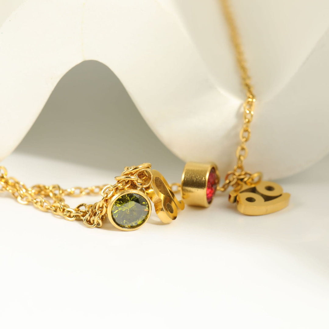 Collier en acier inoxydable avec pierre de naissance et runes du zodiaque Olivenorma