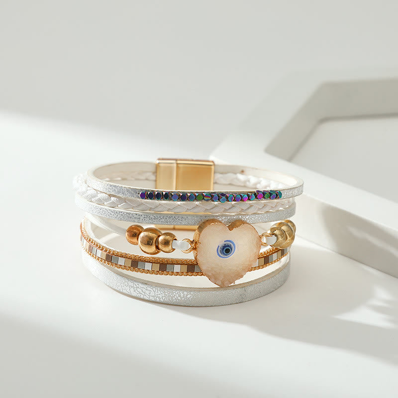 Bracelet Olivenorma « Triple Protection » en forme de cœur avec perles dorées en cristal et mauvais œil