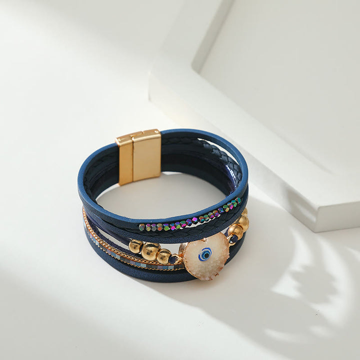Bracelet Olivenorma « Triple Protection » en forme de cœur avec perles dorées en cristal et mauvais œil